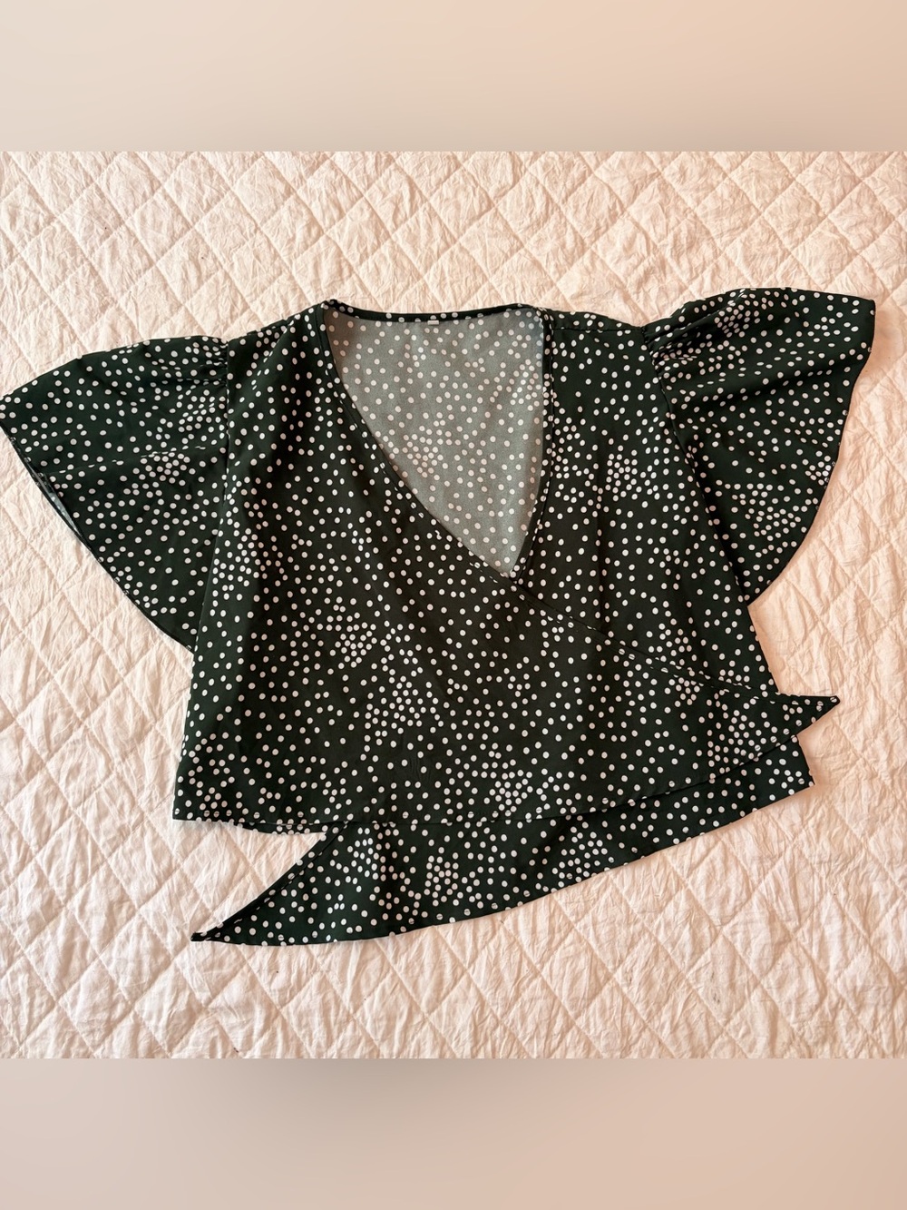 Amazon Dark Green Polka Dot V-Neck Flutter Sleeve Blouse